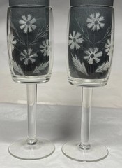 2 MCM Daisy Leaf Etched Stemmed Glasses Juice Wine Sherry Cordial Glasses