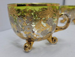 6 ANTIQUE MOSER GLASS 3 FOOTED HANDLED PUNCH CUPS WITH GILT FLORAL AND BERRIES