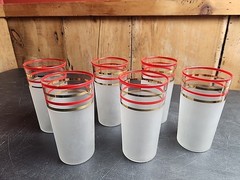 Vtg Frosted Glass Tumblers Red Gold Striped Bands MCM Retro Barware Set of 6