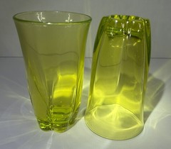 Duncan & Miller Canterbury Chartreuse Yellow Uranium Glass Tumblers *Glow* Pair