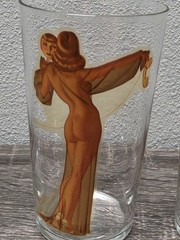 Vtg Set 6 George Petty Girl Risqué Peek A Boo Highball Drinkware, 4.75×2.5in