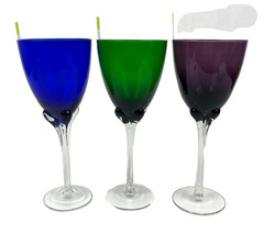 3 MURANO Hand Crafted Tall Long Ribbed Stemmed Wine Glasses Purple Blue Green