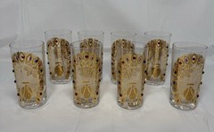 8 Culver PEACOCK hiball tumblers glasses jeweled jewel All signed Purple Hearts