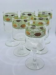 Vintage MCM Green and Gold Filigree Lace Stemmed Glassware Drinkware – Set of 6