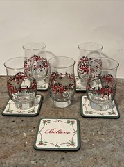 5 Vtg Libbey Arbys Gold Rim Holly Berry Christmas Glasses +Believe Coasters READ
