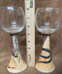 Pair Of Hand Thrown Pottery Wine Glasses With Pottery Stems And Glass Cups