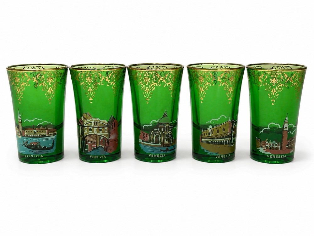 Vintage Murano Venetian Emerald Green Gold Shot Glasses Venice Italy Set of 5