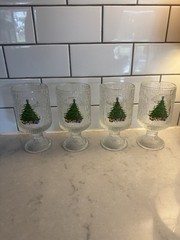 VTG Set of 4: Indiana Crystal Ice Christmas Tree Glasses Goblets Cups Bark 13 oz
