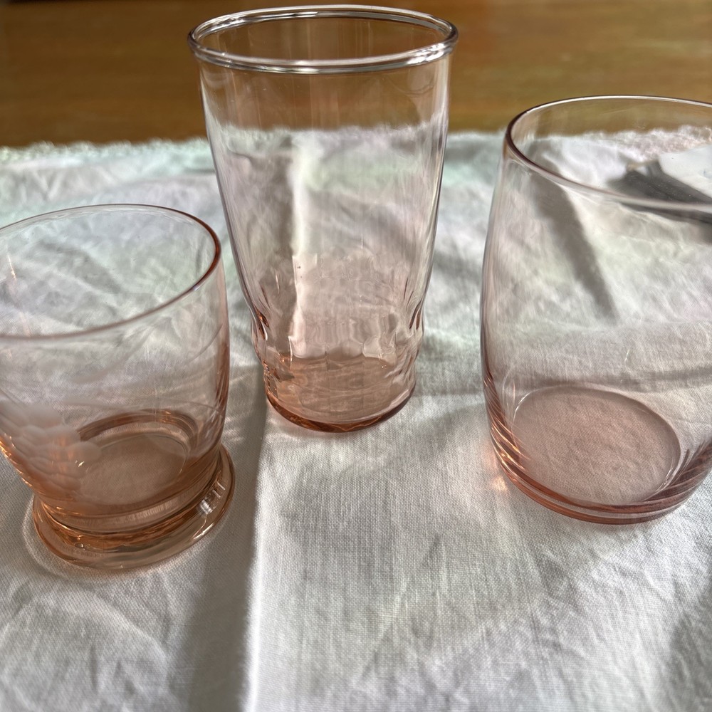 Three Pink Depression Glass Small Glasses All In Chip Free Condition See Photos