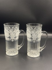 Set of 2 Clear Glass Beer Mugs with Floral Etched Design, 7″ Tall, 4″ Diameter