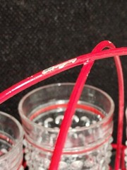 SET OF 8- Vintage Anchor Hocking Hobnail Tumblers Red Base & Stripe IN CARRIER!