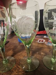 4 Vintage Uranium Depression Glass Floral Etched 7″ Goblets Glows!