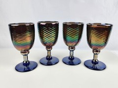 Rick Strini Studio Art Glass Set of 4 Iridescent Cobalt Blue Water Wine Goblet