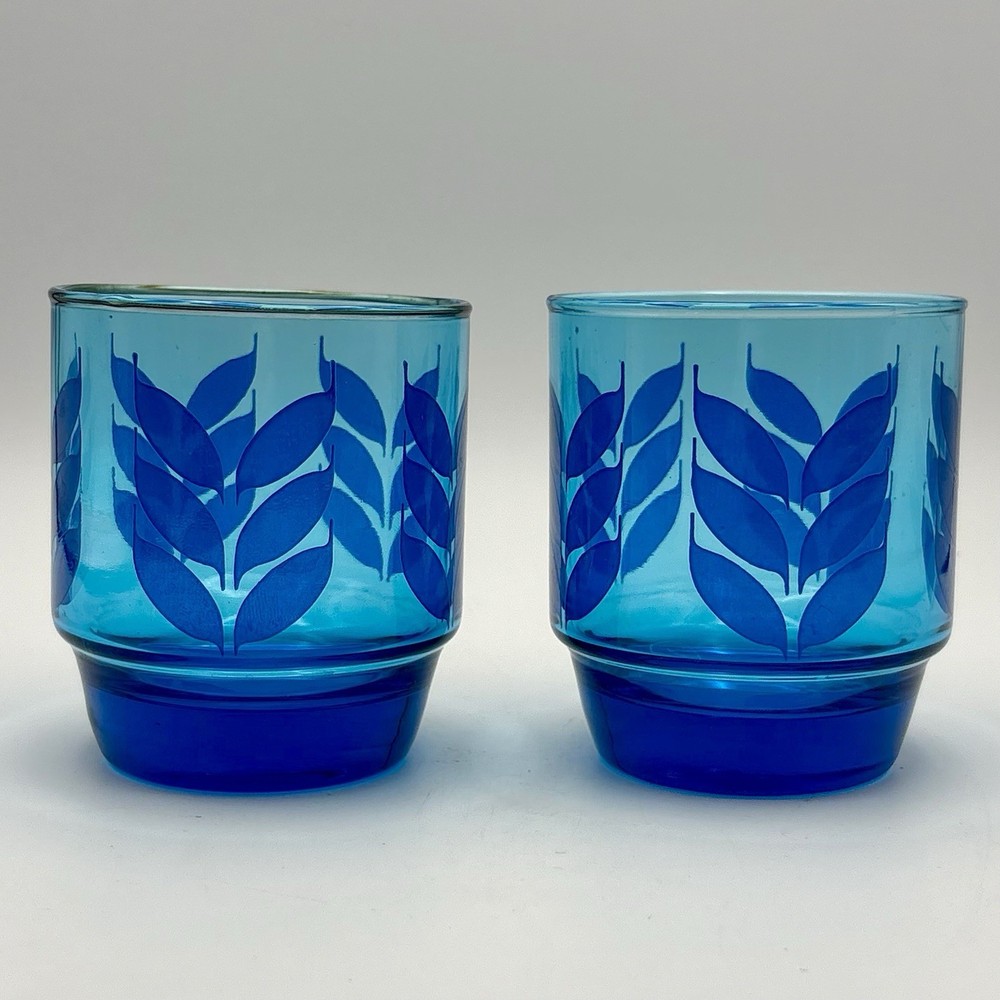 MCM J. WM Hale Cobalt Blue Leaf Lowball Cocktail Drink Glasses Set of 2