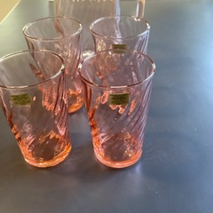 ARCOROC CRISTAL Rosaline Pink Pitcher and 4 Glasses France Swirl Pattern