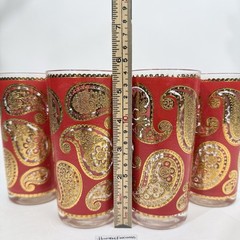 4x Culver Paisley 22K Gold & Red Highball Drinking Glasses Vintage MCM 5.5″ Set