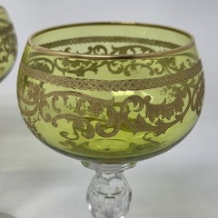 VINTAGE St Louis Crystal Wine Hock Peridot Green Gold Trim Clear Stems Set of 7