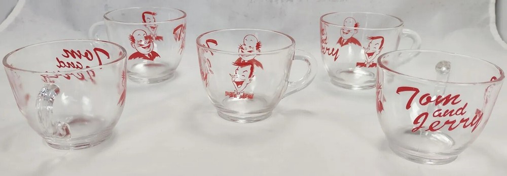 5 Vintage Tom &Jerry Replacement Clear Glass Punch Cups Red Laughing Men Cartoon