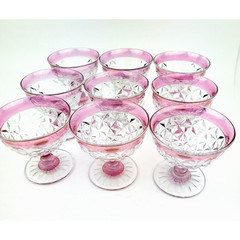 Vintage Indiana Glass Diamond Ruby Rim Fruit Dessert Pedestal Dish Set of 9