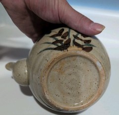 Japanese Asahi Tea Pot and 5 Cups Brown Stoneware w/ Painted Blue Flower Design
