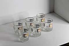 Six Vintage MCM Gold Rimmed Marbled Base Heavy Whiskey Tumblers Glasses Barware