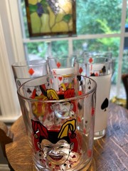 Vintage MCM Glass Tumblers With Playing Card Designs With Joker Cup