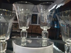 (4) Ice Tea Goblets water Glasses footed tumblers Crystal vine leaf etched