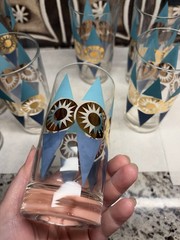 Set of 8 Federal Glass Nordica Turquoise & Gold Atomic Highball MCM Barware
