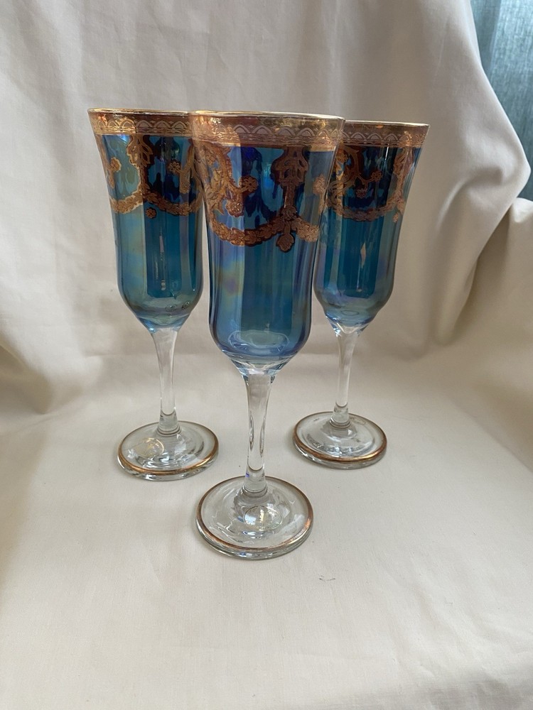 J Preziosi Lavorato A Mano Italian Champagne Flutes – Blue W Gold Rim (Set Of 3)