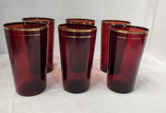 6 Ruby Red Glass Tumblers Set Vintage 4 3/4″ Gold Trim Bands