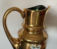 Vtg Bohemian Emerald Green 24k Gold Pained Flowers Water Pitcher & Glass Set