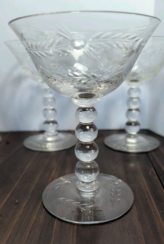 Imperial Glass Princess Astrid Crystal Coupe Etched Fern Bubble Stem Glasses x2