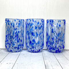 Blue White Confetti Hand Blown Tumbler Glasses Speckled Swirl Art Glass Set of 3