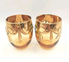 2 Vintage Murano Amber 24k Gold Leaf Enamel Flowers Cordial Glasses Tre Fuochi