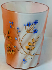 Antique Satin Glass Tumbler Peach Blow Style Hand Painted Enamel Floral Gilt Blu