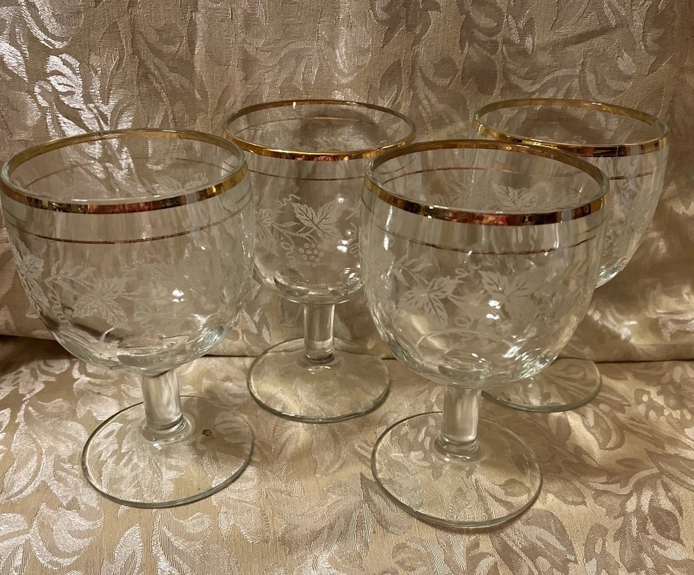 Vintage Bartlett Collin’s Grapevine Etched Water/Tea Goblets, w/2 Gold Rings 4pc