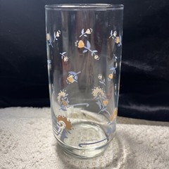 Anchor Hocking Floral Drinking Glass 1989 AHC Peach Orange Pink Blue Leaves 6”