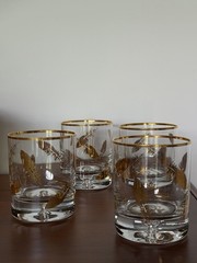 4 VTG 1953-1978 Libbey Whiskey Glasses Gold Feather Design Gilded Rim 4″H 3.25″D