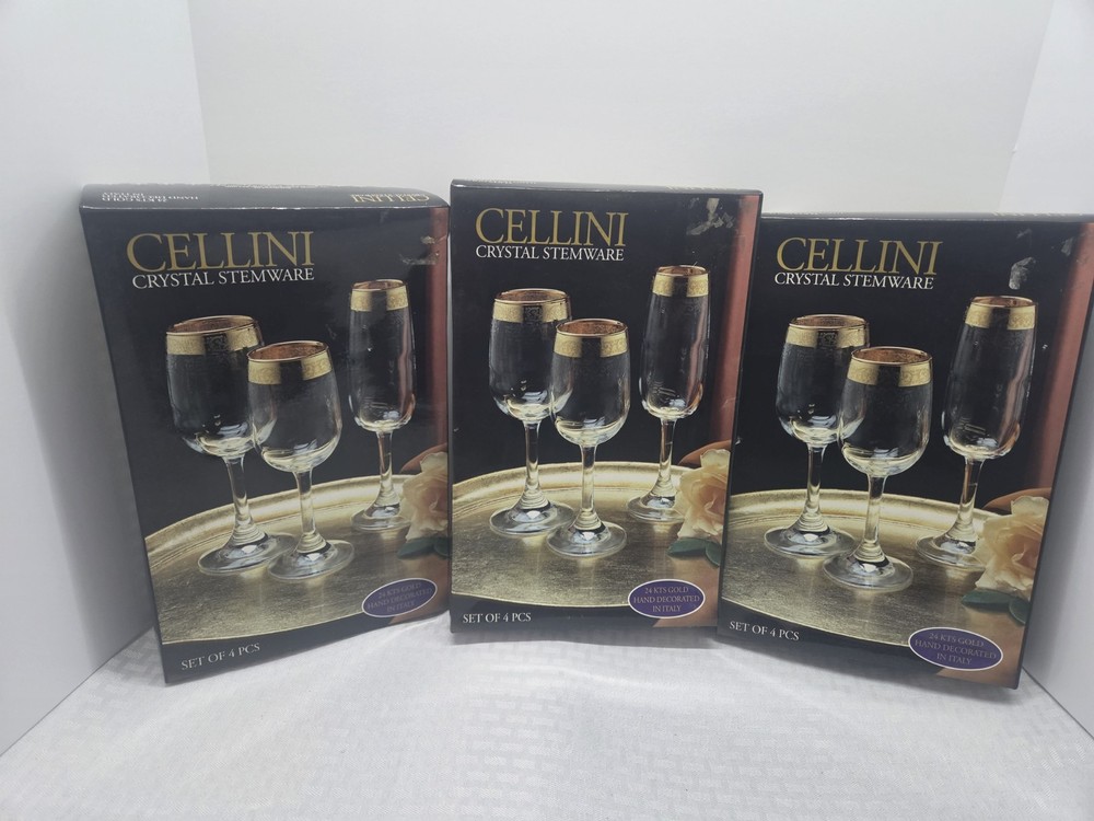 Cellini Crystal Stemware 24K Gold Decorated Set of 4 Wine Glasses-3 Sets