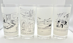 Golf Digest 1970s Drinking Glasses 4 Funny Cartoon Joke Frosted Tall VTG Signed