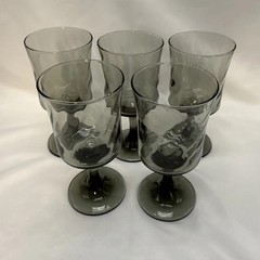 Libbey Smoke Gray Optic Swirl Water Goblets Set 5 Wine Glass Vintage MCM 1970s