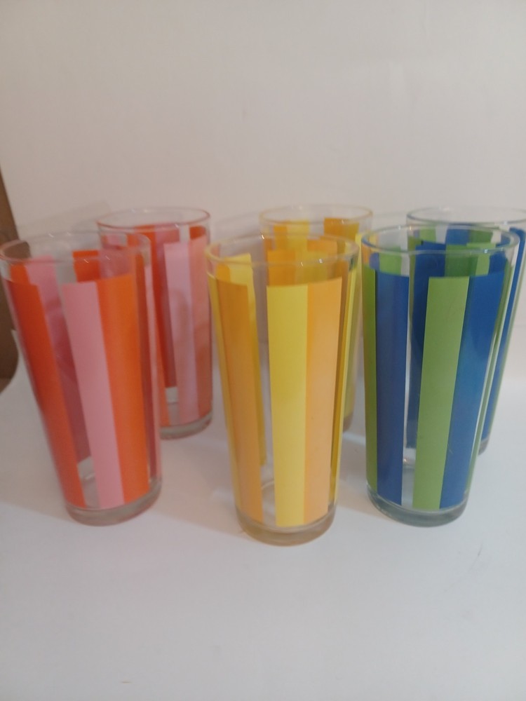 Vintage Summertime Rainbow Striped Set Of Six Tumblers Pre-owned 6.5 Inches