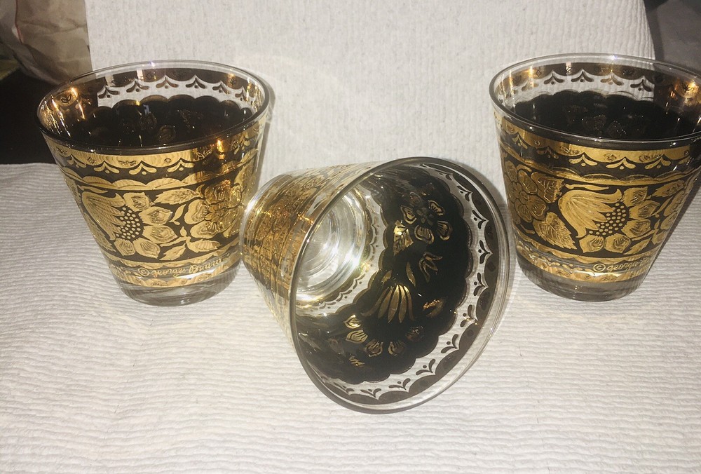 Stunning George Briard MCM24K Gold Floral/Scroll OldFashion LowballGlassesSet 3