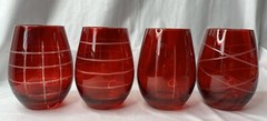 4 Fifth Avenue Ltd Crystal Stemless Red Goblets «MEDALLION» Etched 4 designs VGC