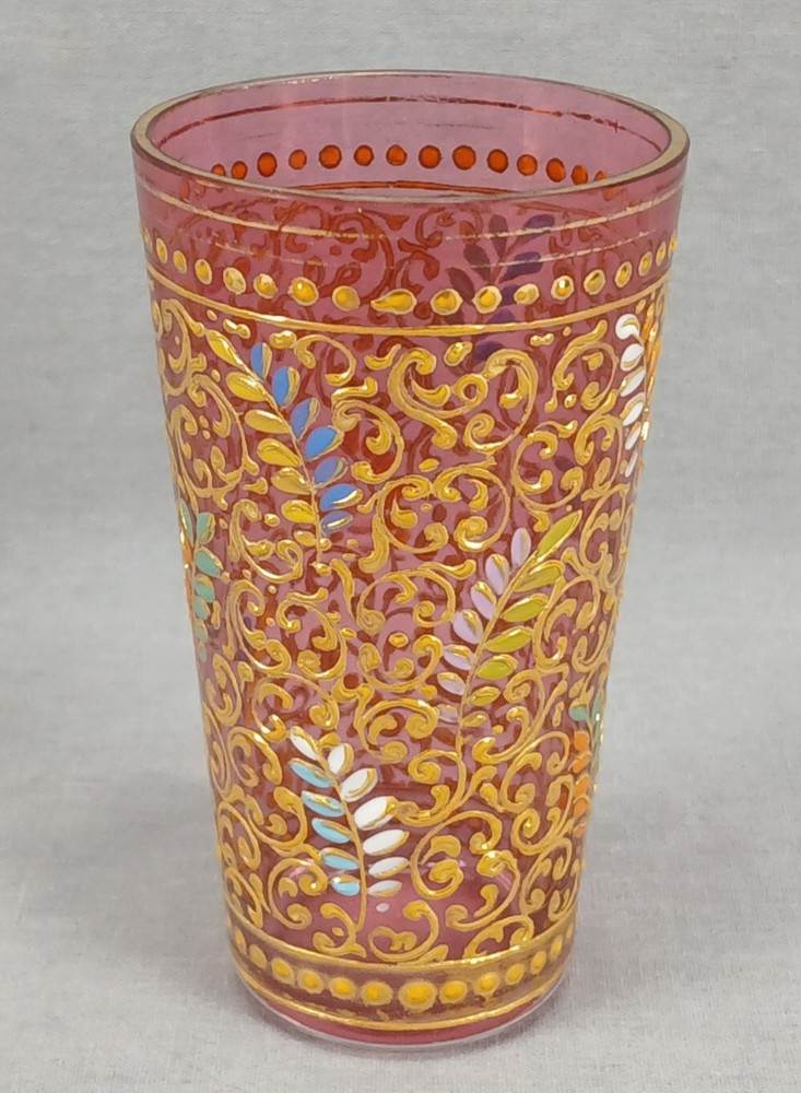 Moser Harrach Bohemian Enameled Leaves & Scrollwork Cranberry Juice Glass B