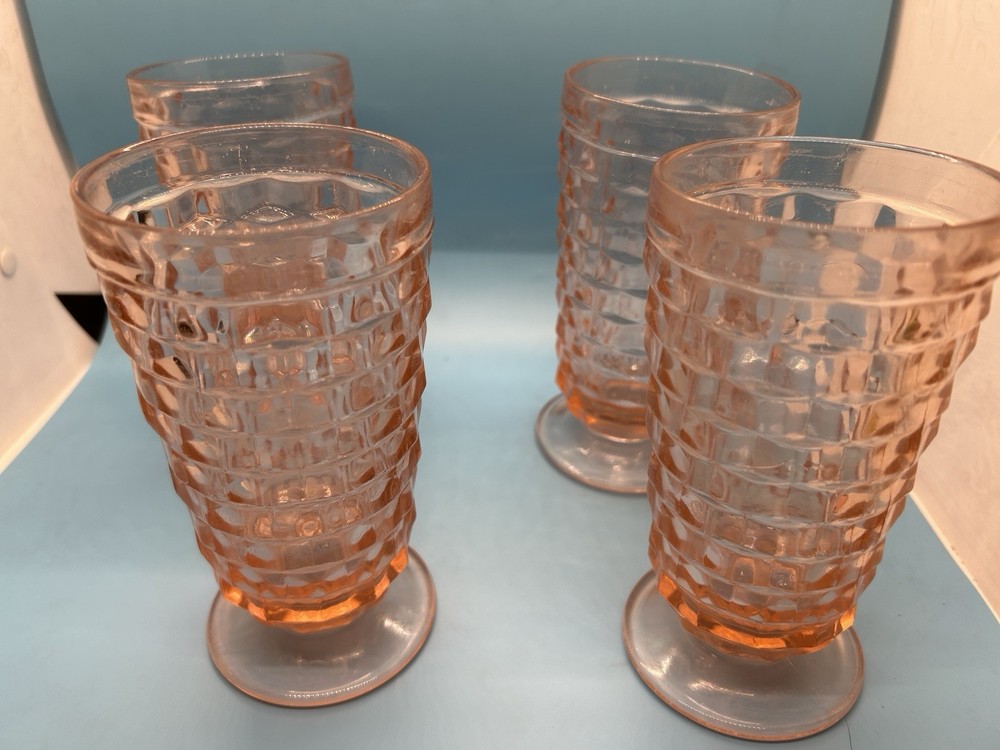 Set Of 4 Pink Peach Indiana Glass Whitehall Pattern Footed Ice Tea Glasses