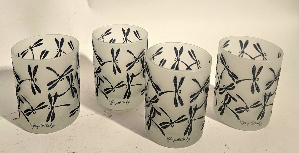 Set Of 4 Georges Briard Dragonfly Frosted Low Ball Tumbler Glasses Signed MCM