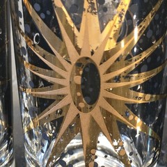 Vintage Fred Press Atomic Sunburst Glasses Black 22K Gold Barware Set MCM 6 cups