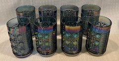 Vintage Set of 8 Blue Iridescent Pressed Glass Tumblers–Heavy Geometric Pattern
