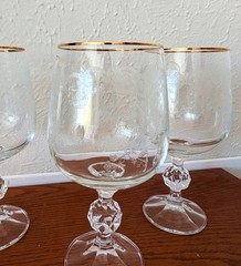 VTG Set of 3 Bohemia Crystal Queens Lace Wine Water Goblets Gold Rim Ball Stem